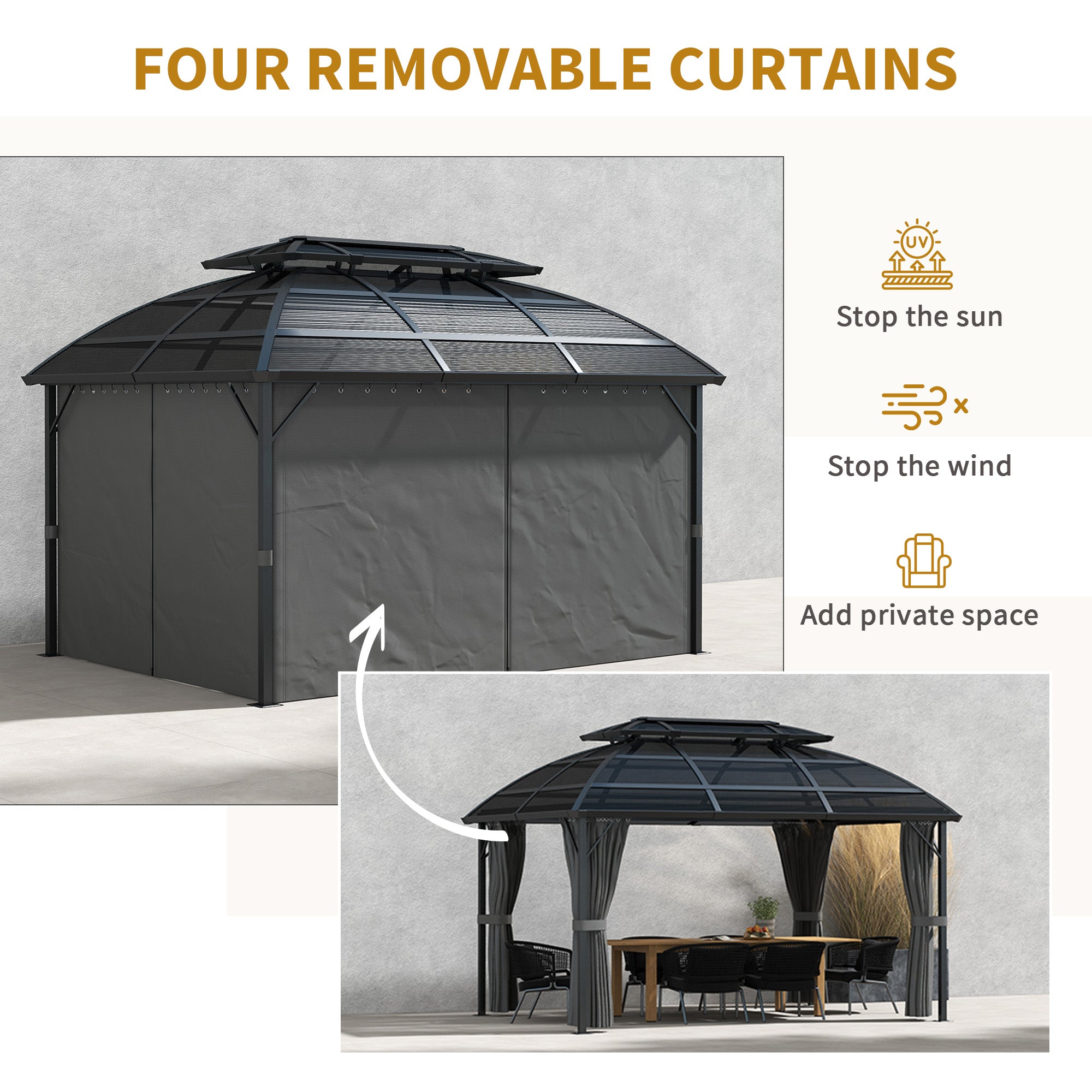 Outsunny 13' x 10' Double Roof Gazebo displaying its four removable curtains, providing adjustable sun and wind protection.
