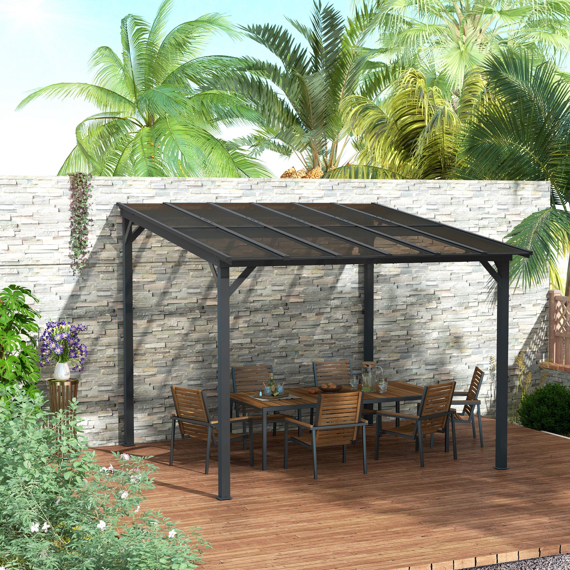 Stylish setup featuring the Outsunny 10' x 10' Waterproof Hardtop Gazebo surrounded by tropical plants, perfect for outdoor gatherings and relaxation.