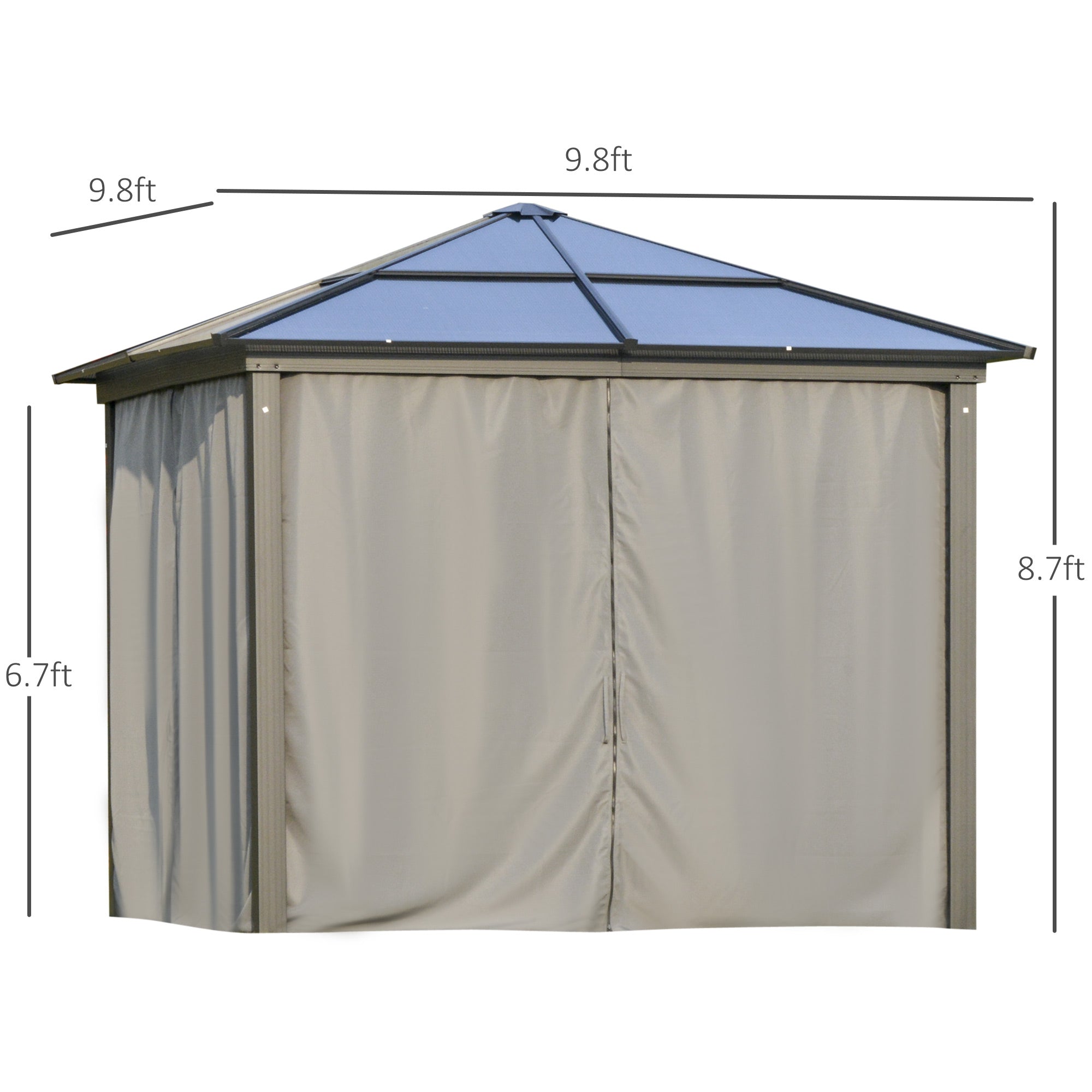 Dimensions of the Outsunny 10' X 10' Heavy Duty Aluminum Hardtop Gazebo, illustrating the spacious layout and height for comfortable gatherings.