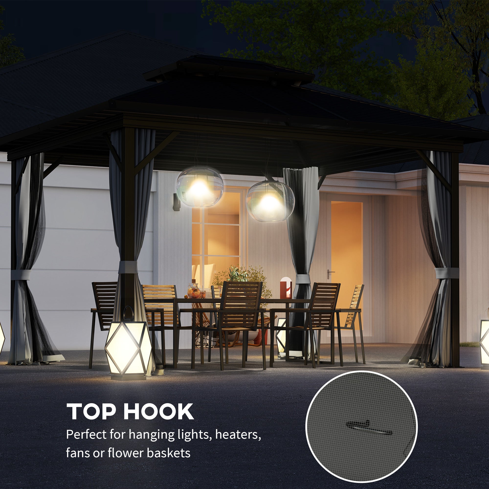 Outsunny 10' x 12' Hardtop Gazebo showcasing top hooks for hanging lights and décor in an outdoor setting at night.