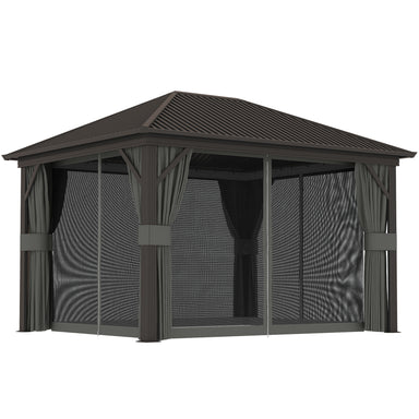Outsunny 10' x 12' Hardtop Gazebo with Metal Roof & Aluminum Frame, featuring mesh netting, in dark grey shade, perfect for outdoor gatherings.