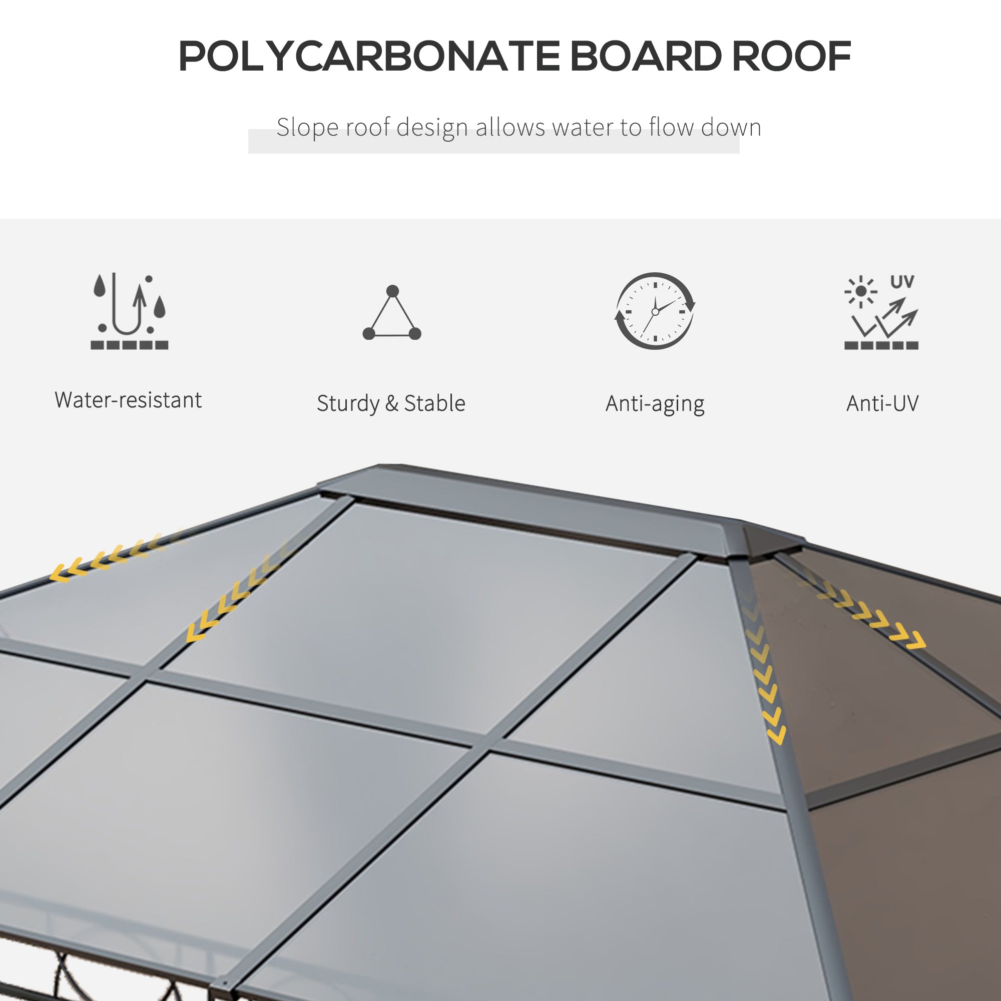 Outsunny 10' x 10' Hardtop Gazebo featuring a durable polycarbonate board roof designed for effective water drainage, showcasing its water-resistant and UV-protective qualities.