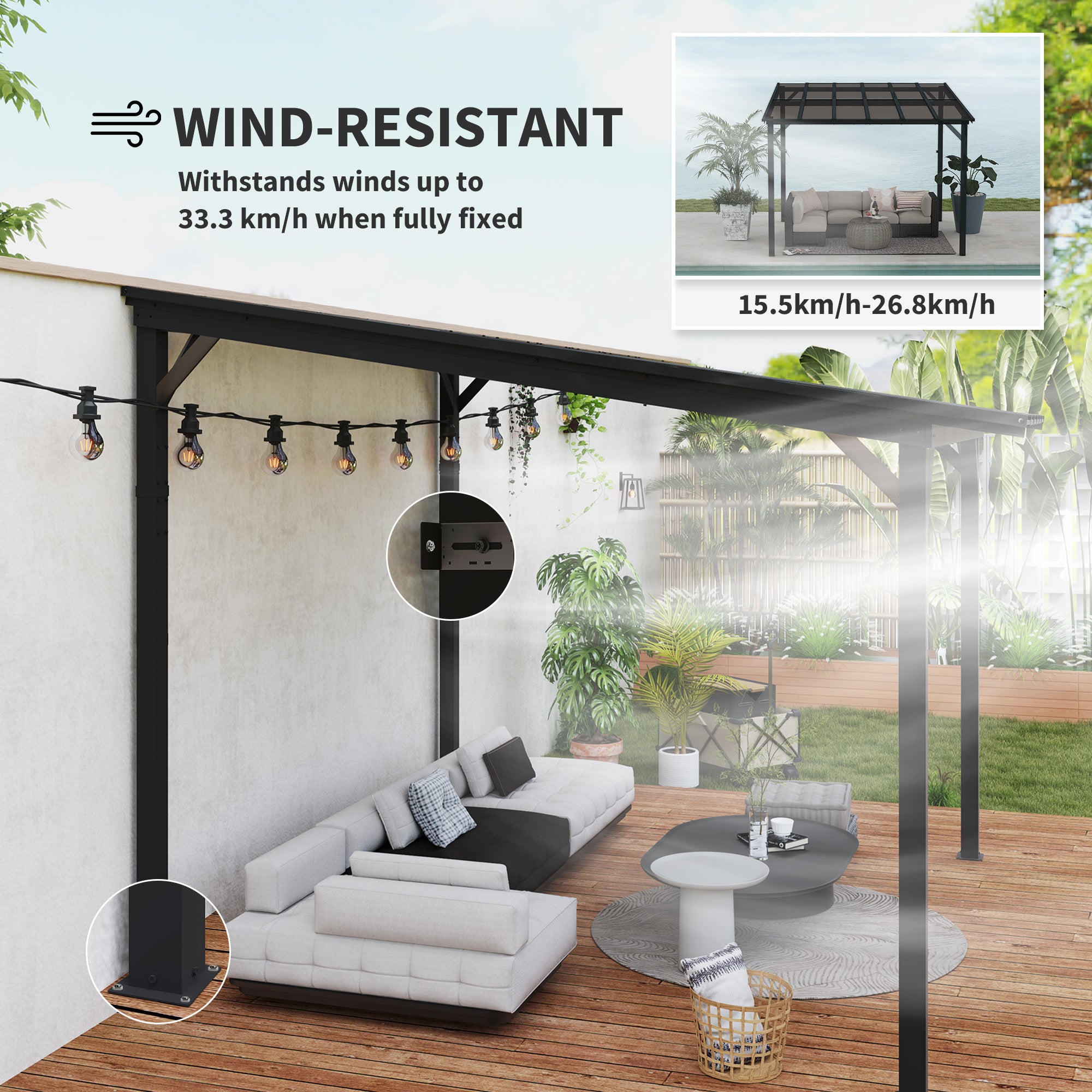Showcasing the wind-resistant capabilities of the Outsunny 10' x 10' Waterproof Hardtop Gazebo, standing strong against wind with stylish outdoor lighting.