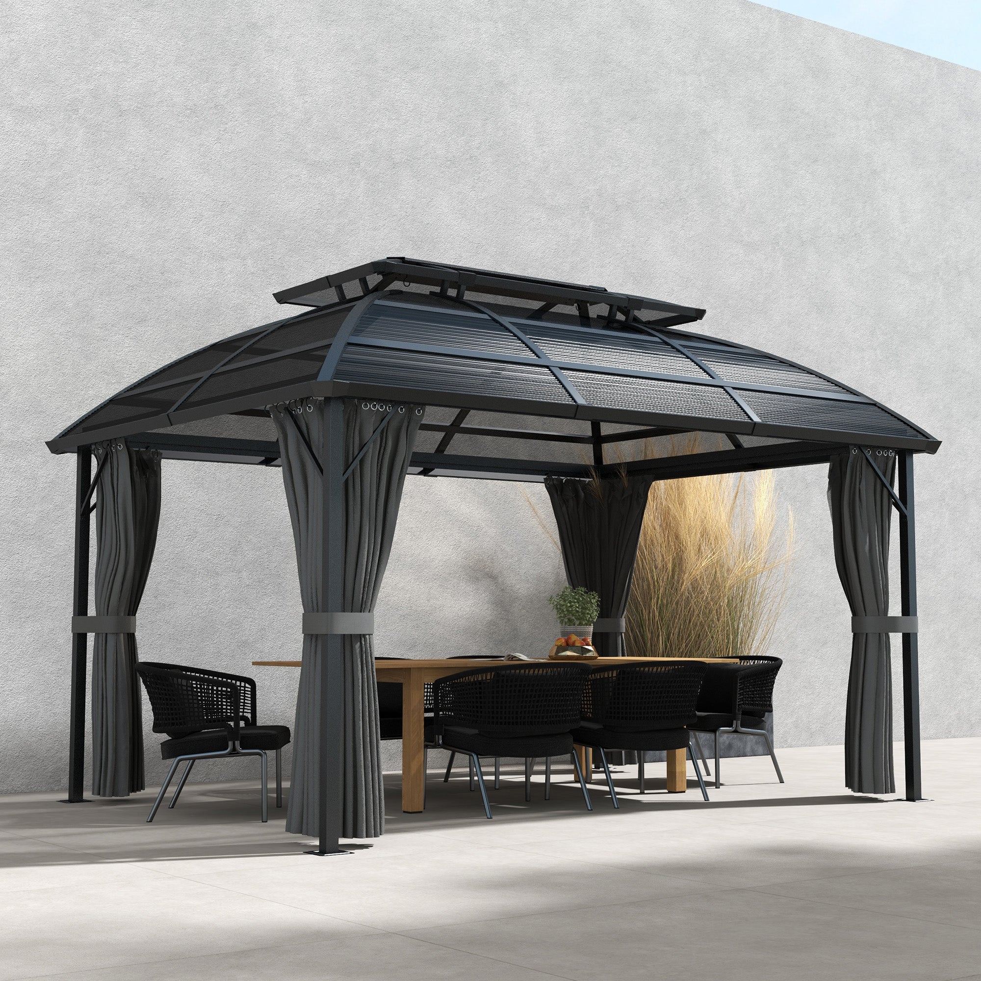 Stylish setup of the Outsunny 13' x 10' Double Roof Gazebo featuring a dining table and chairs, ideal for garden gatherings.