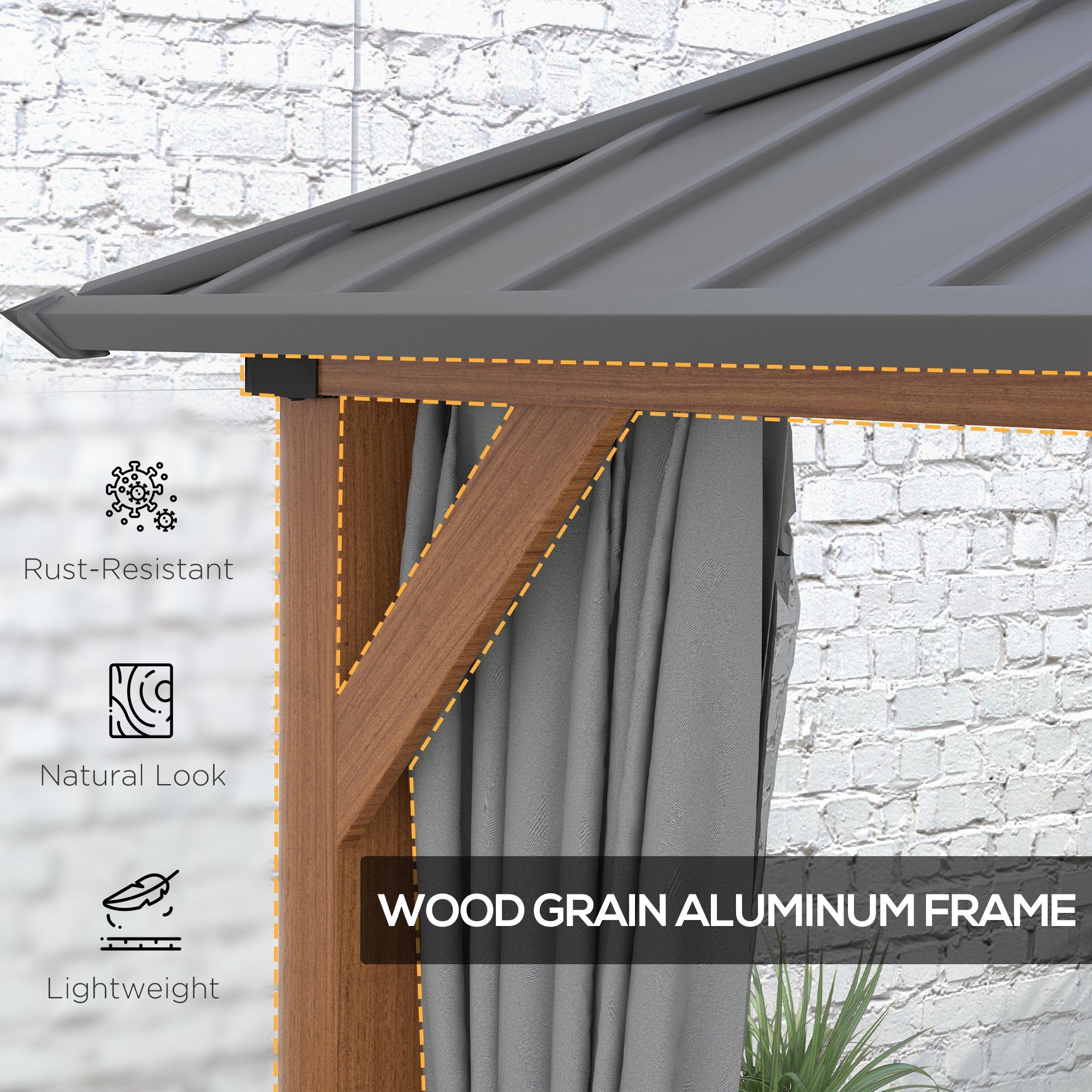 Outsunny 13' x 10' Hardtop Gazebo features a rust-resistant aluminum frame with a wood grain finish, combining durability and natural aesthetics.