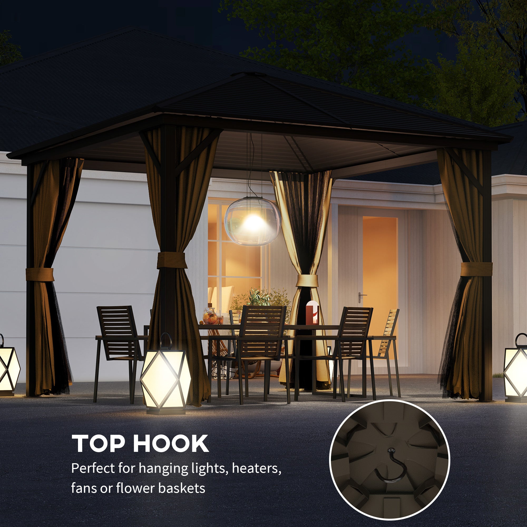 Outsunny 10' x 10' Hardtop Aluminum Gazebo featuring a top hook for hanging lights and decorations, designed for evening gatherings in style.