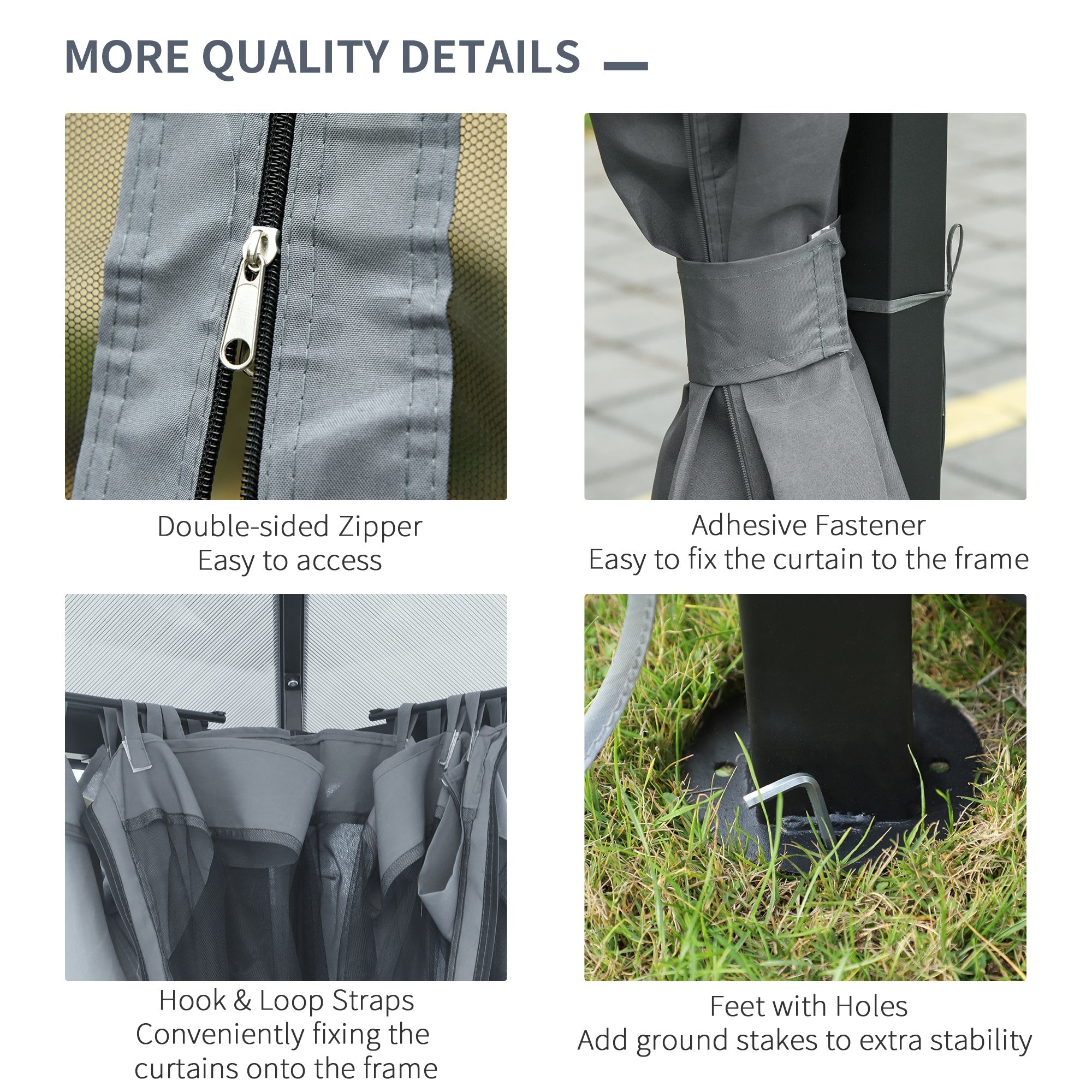 Quality details of Outsunny 13' x 10' Aluminum Hardtop Gazebo, highlighting double-sided zippers and easy fastening for curtains.