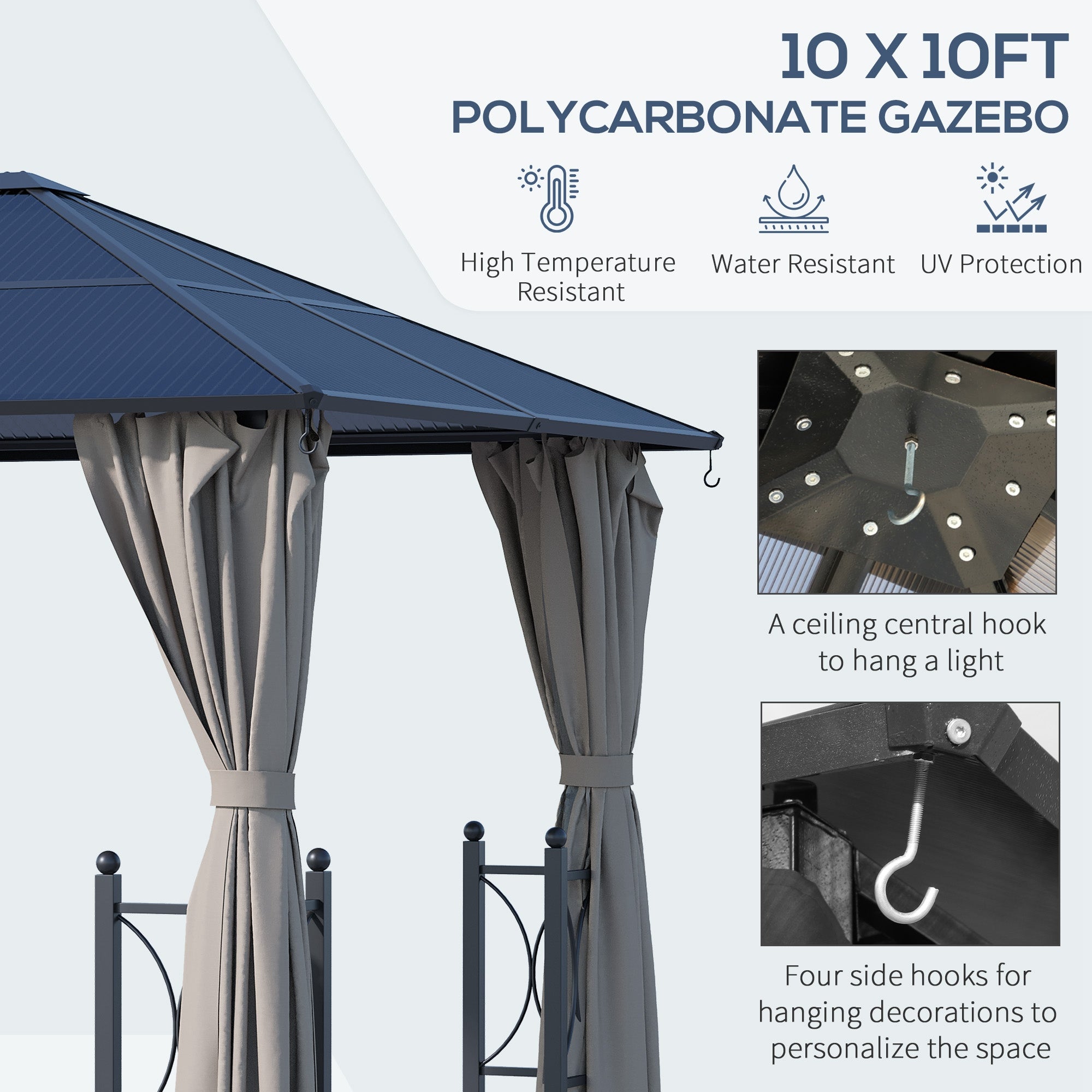 Features of the Outsunny 10'X10' Hardtop Gazebo highlighting high temperature resistance, UV protection, and options for decorative lighting.