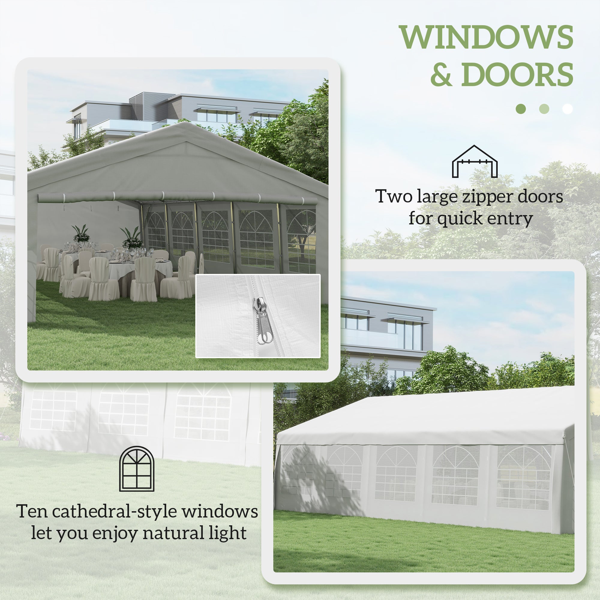 Outsunny 33'X20' Heavy Duty Carport & Party Tent by Dream Yard Oasis, featuring large zipper doors and cathedral-style windows, ideal for outdoor events.