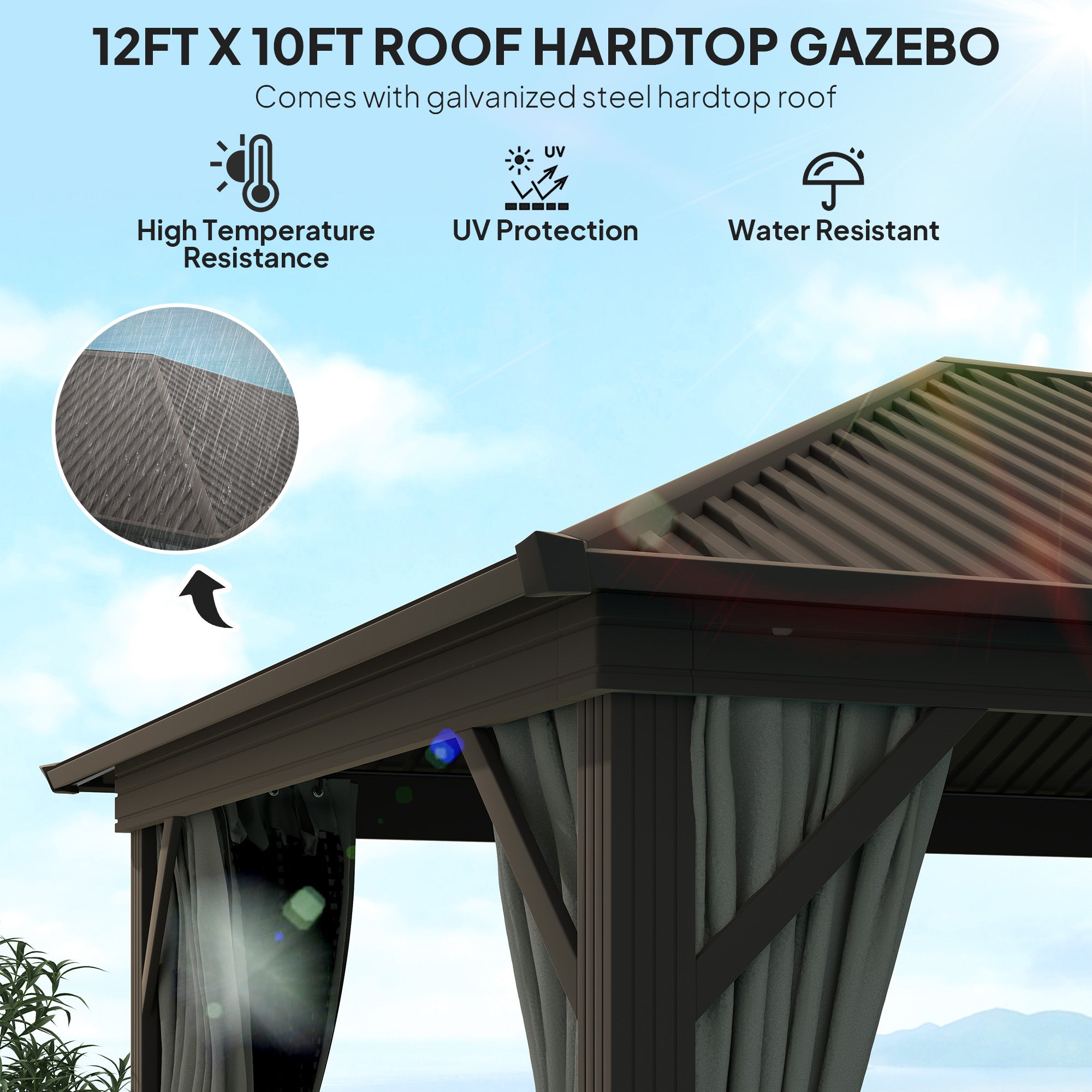Outsunny 10' x 12' Hardtop Gazebo showcasing a durable galvanized steel roof highlighted with features like high temperature resistance, UV protection, and water resistance.