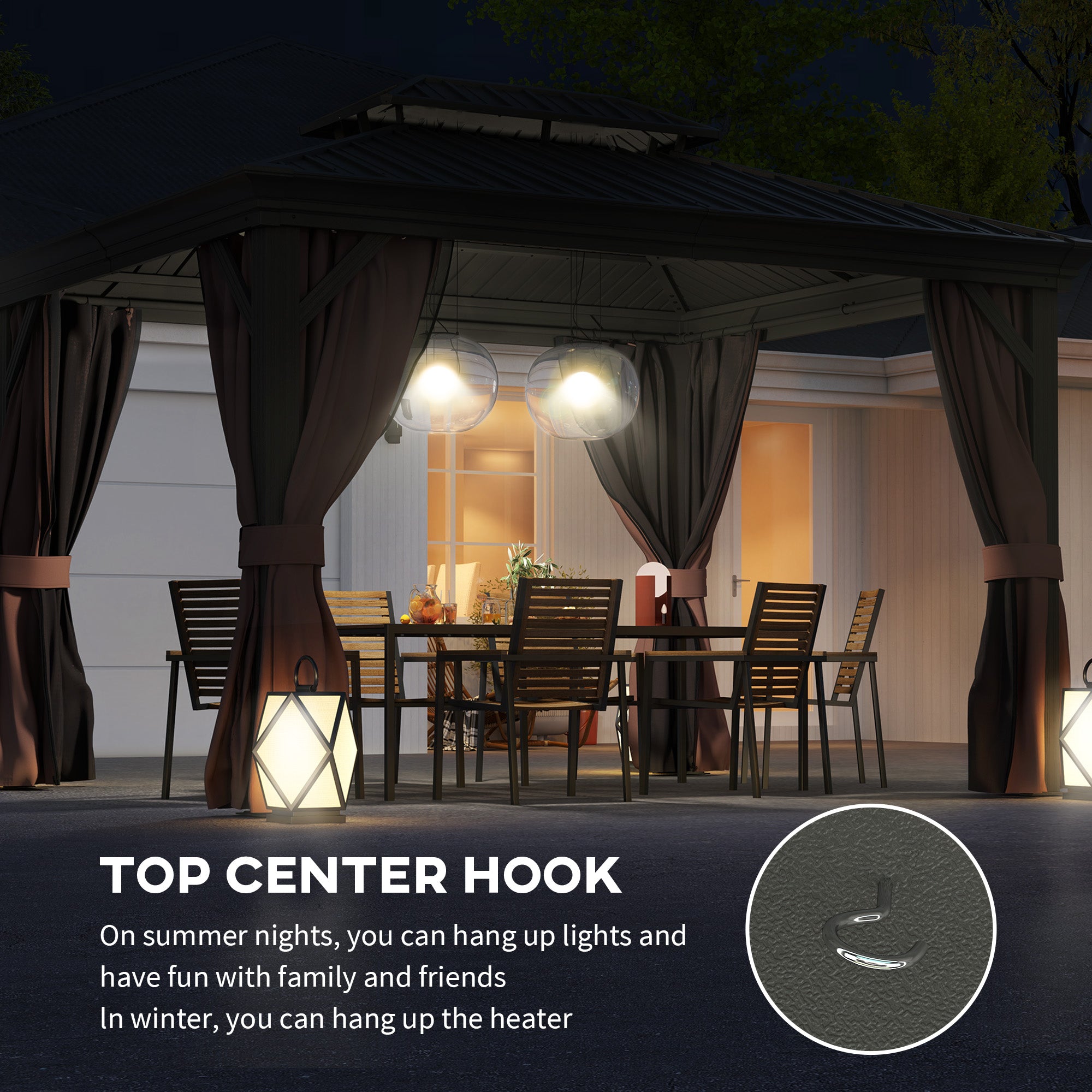 Nighttime view of the Outsunny 10' x 12' Double-Tier Hardtop Gazebo highlighting the top center hook designed for hanging lights or a heater, creating an inviting atmosphere.