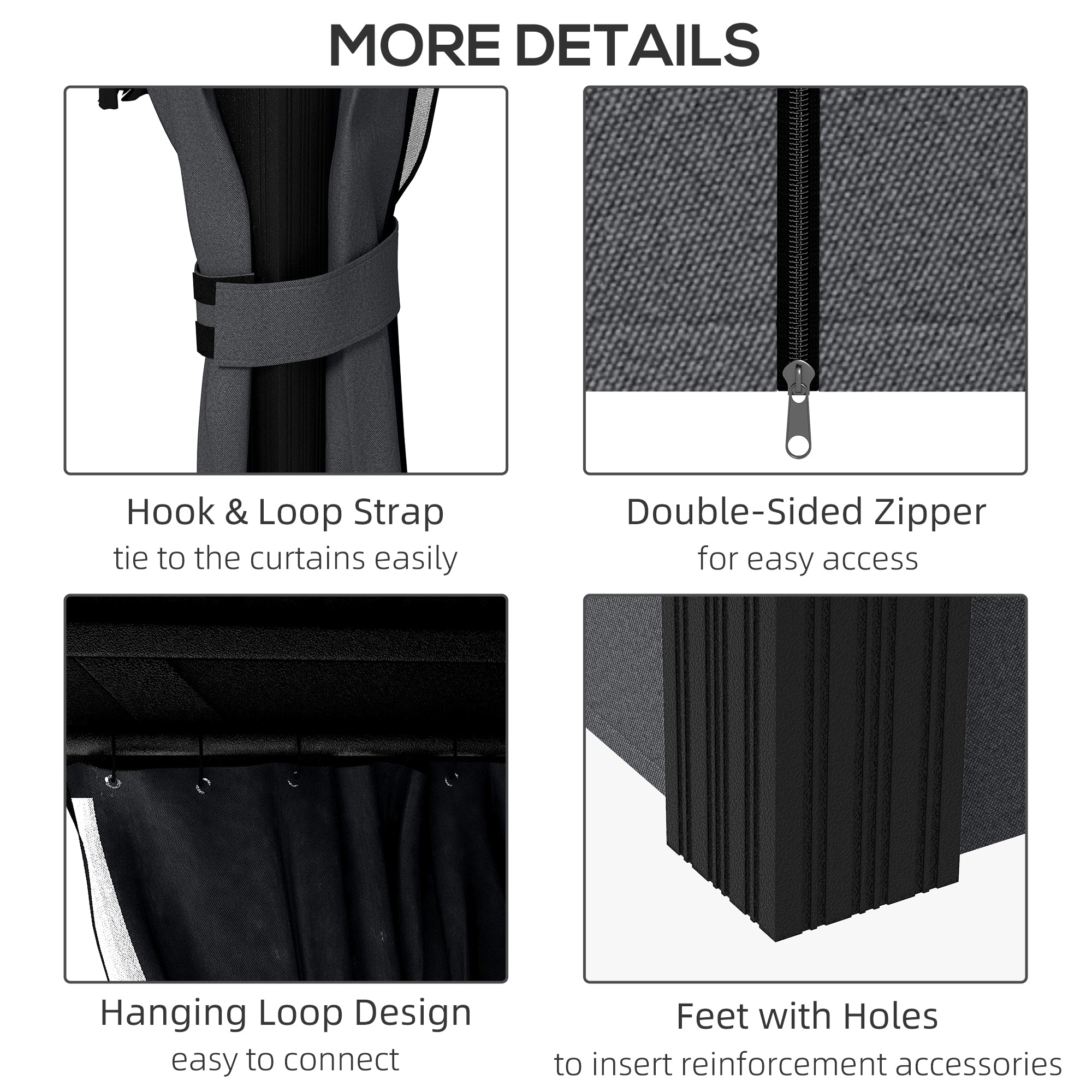 More details of the Outsunny 10' x 12' Hardtop Gazebo, highlighting the innovative hook and loop strap, double-sided zipper, hanging loop design, and reinforced feet for stability.