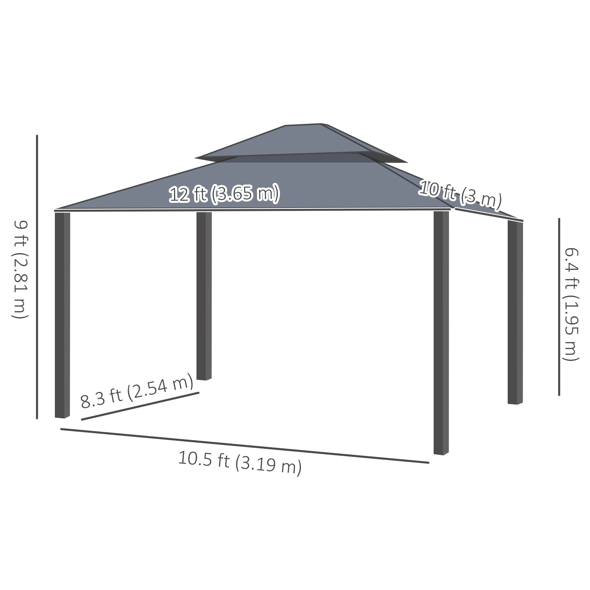 Dimensions of the Outsunny 10' x 12' Hardtop Gazebo, detailing the size and height for outdoor gatherings.