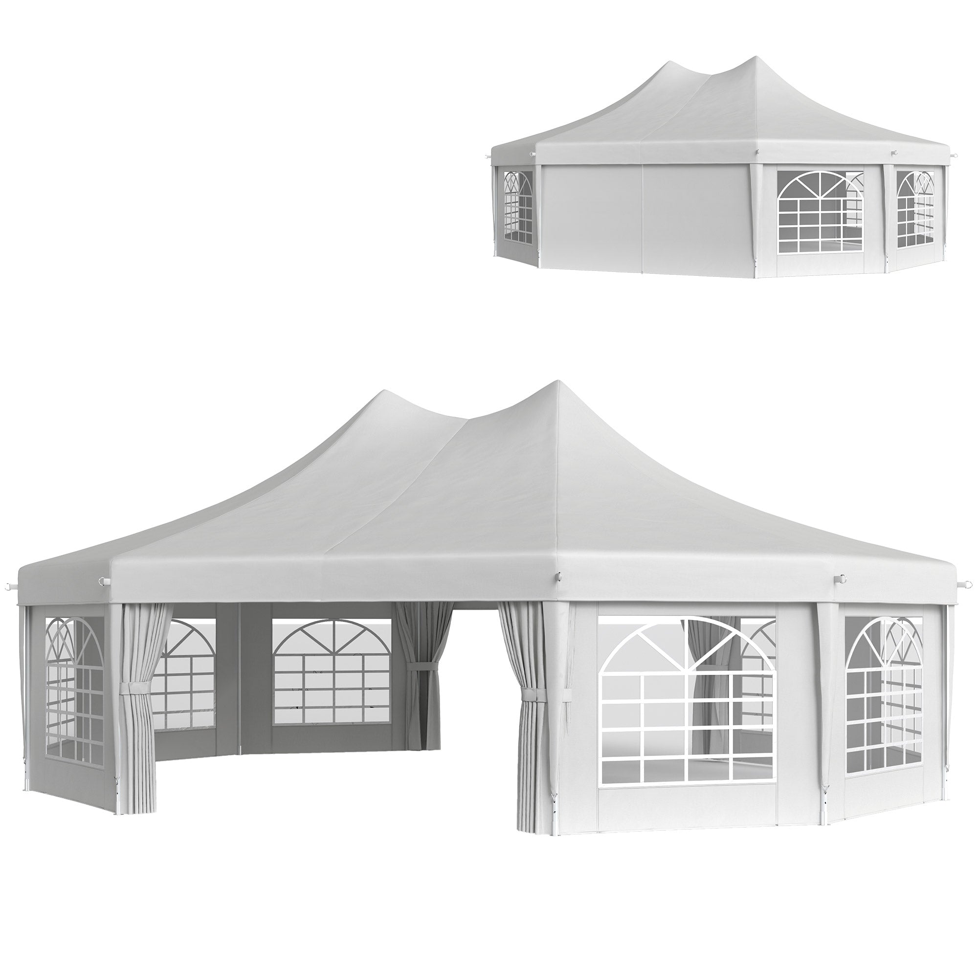 29.2x21.3Ft High Peak Decagonal Party Tent showcasing its removable walls and elegant design, perfect for weddings and events from Dream Yard Oasis™.