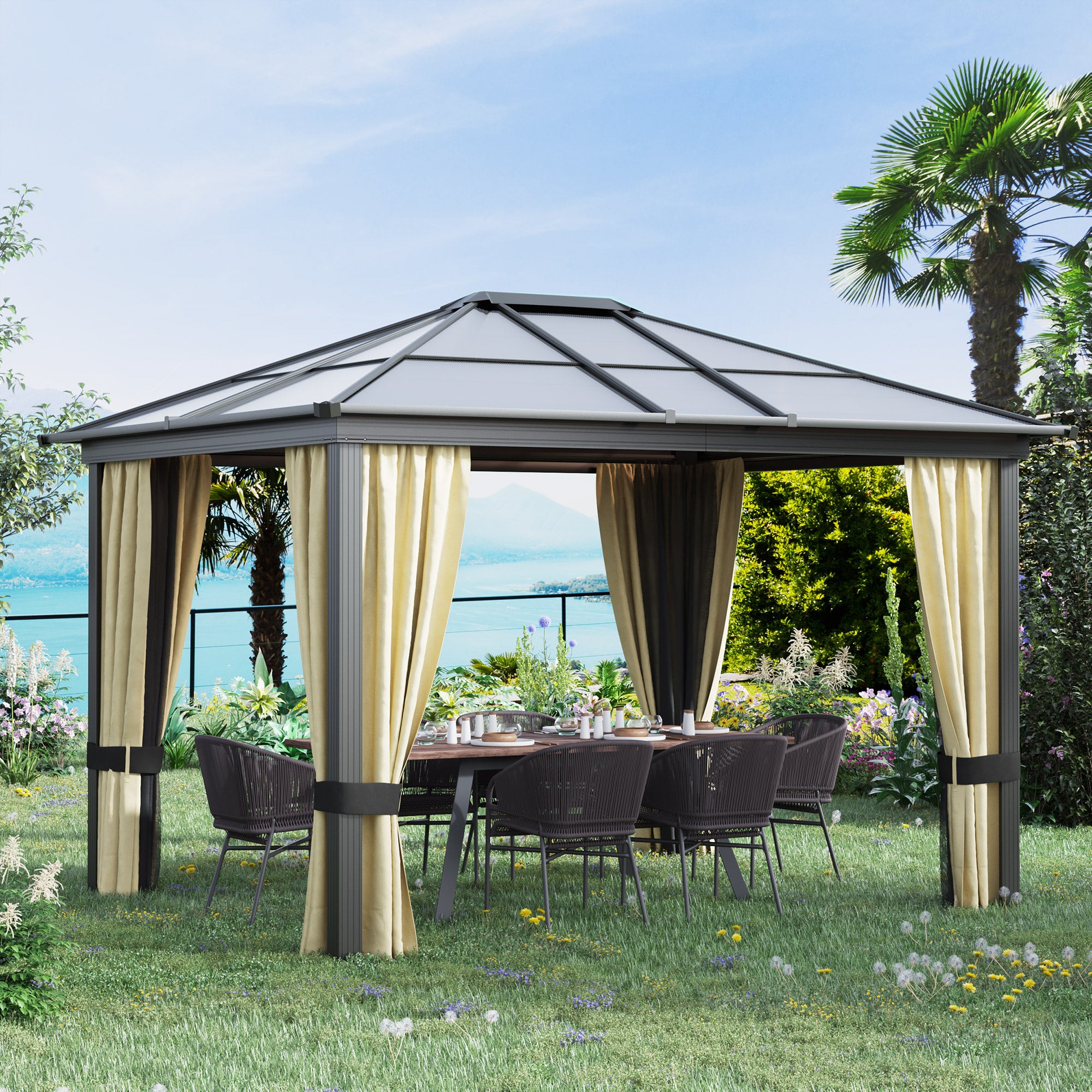 Outsunny 12' x 10' Hardtop Gazebo With Waterproof Aluminum Frame & UV-Blocking Polycarbonate Roof, featuring elegant curtains and a spacious seating arrangement in a lush garden setting.