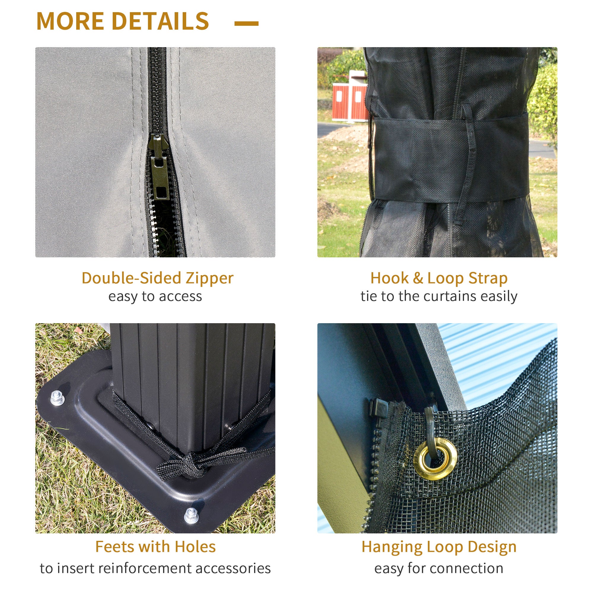 Detailed features of Outsunny 10'X12' Hardtop Gazebo, including double-sided zippers and hook & loop strap.
