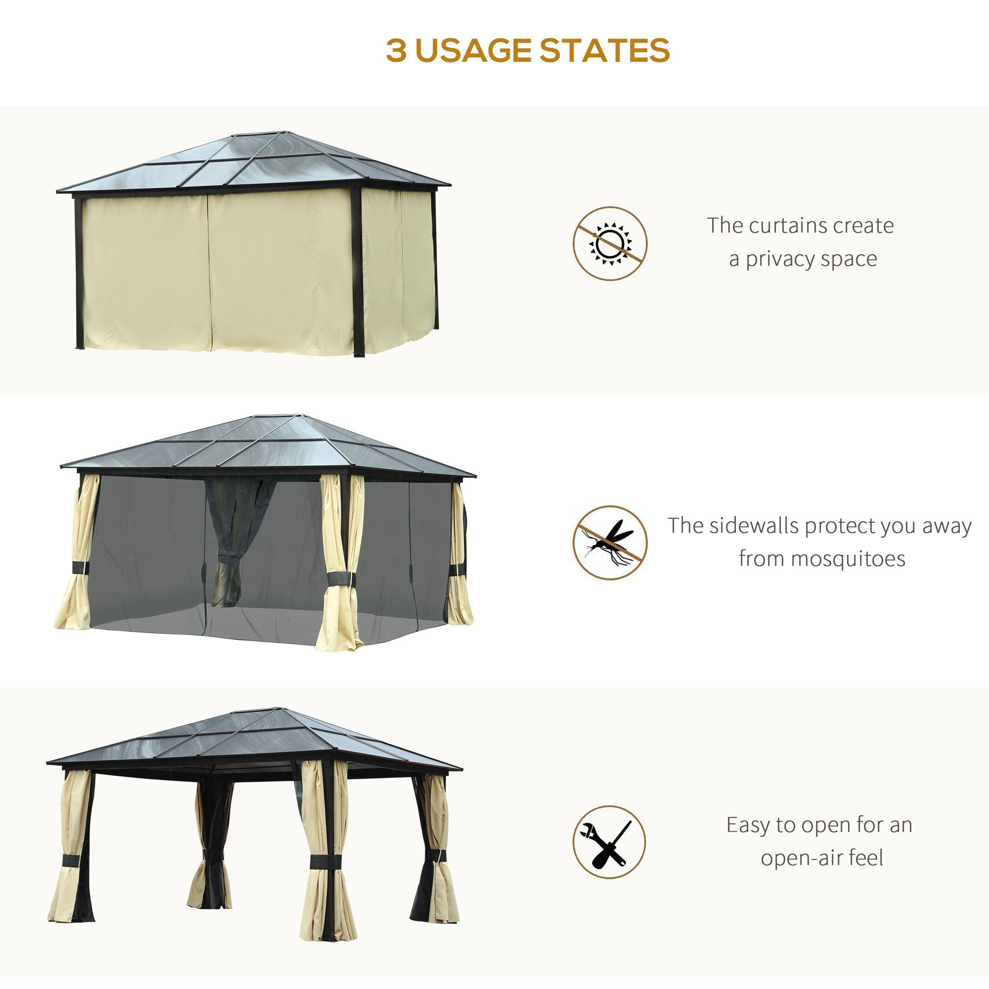 Different usage states of the Outsunny 14'x12' Aluminum Patio Gazebo Canopy demonstrating privacy, mosquito protection, and open-air features.