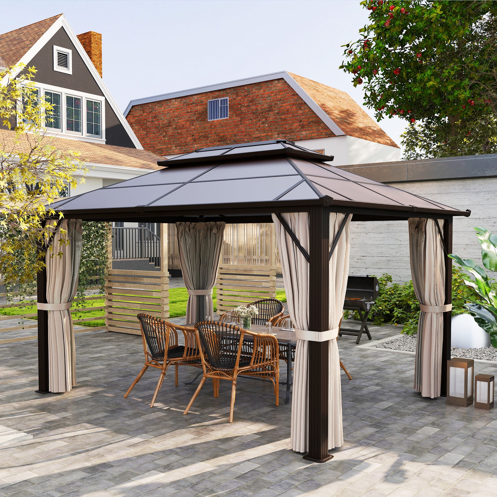 Outsunny 10' x 13' Hardtop Gazebo Canopy shown in a backyard setting with a stylish dining area beneath a spacious roof.