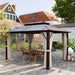 Outsunny 10' x 13' Hardtop Gazebo Canopy shown in a backyard setting with a stylish dining area beneath a spacious roof.