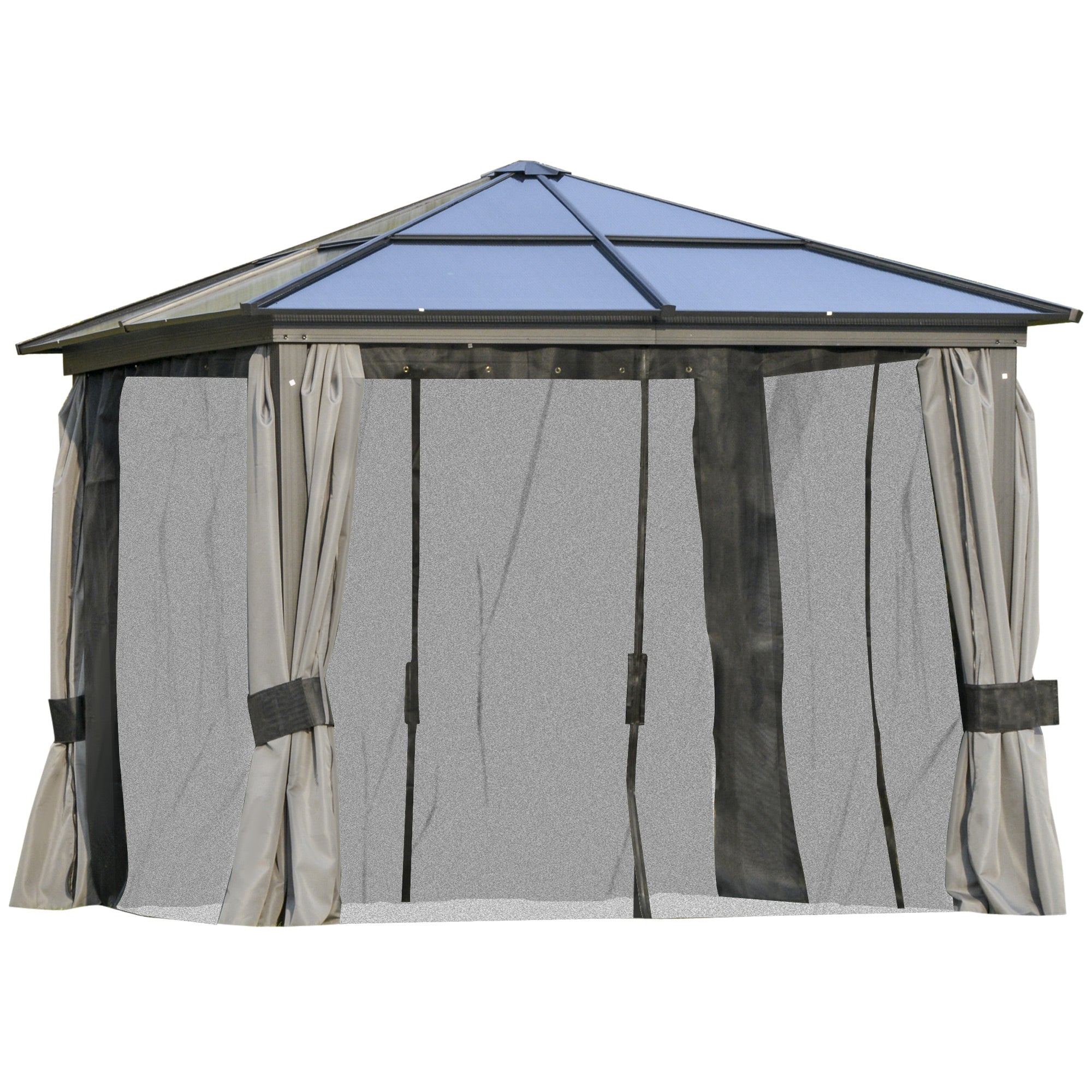 Outsunny 10' X 10' Heavy Duty Aluminum Hardtop Gazebo showing the elegant design with waterproof netting and curtains, perfect for outdoor gatherings.