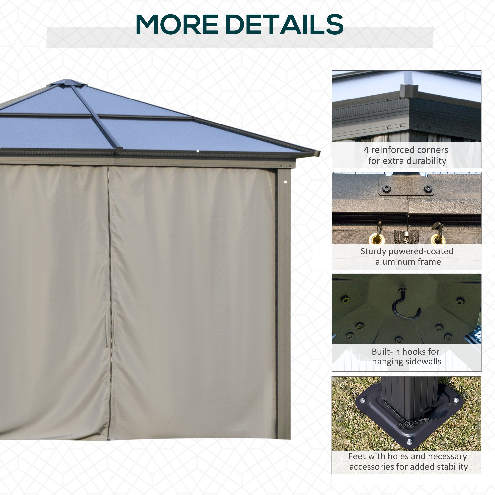 More detailed features of the Outsunny 10' X 10' Heavy Duty Aluminum Hardtop Gazebo, emphasizing the sturdy frame, built-in hooks, and reinforced corners for durability.